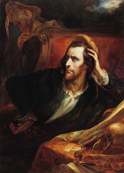 Faust dans son cabinet, c.1848. Faust in his study. Mephistopheles appears in the shadows.
