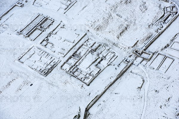 Housesteads or Vircovicium Roman Fort on Hadrian's Wall in the snow, Northumberland, 2018.