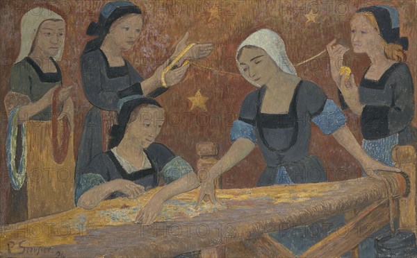 La tapisserie (les cinq tisseuses), 1924. Weaving (the five weavers). Women around a loom.