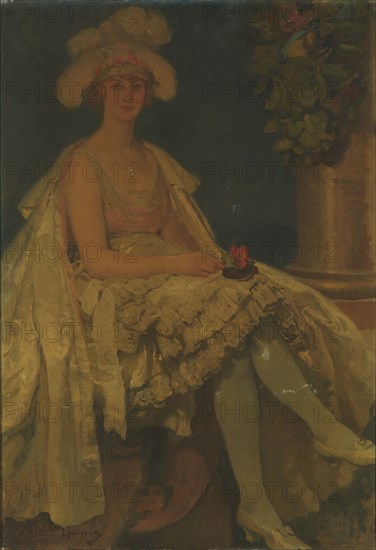 Figure de théâtre, c.1920. Woman wearing plumed headdress, possibly backstage at a theatre.