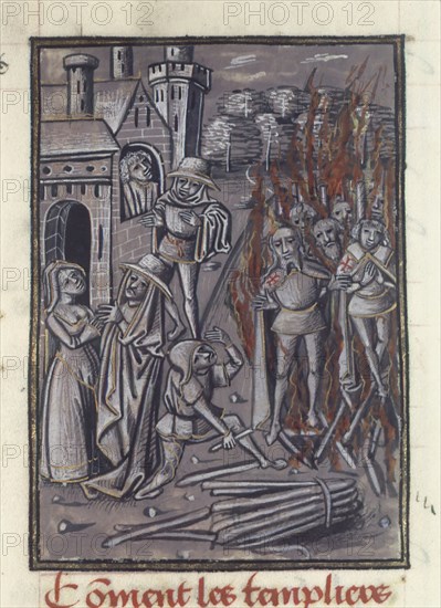 Execution of the Templars. From Chronique de Baudouin d'Avesnes, ca 1470. Creator: Anonymous.