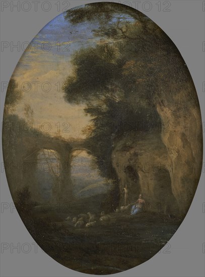 Shepherdess and her flock at the entrance to a cave, between 1675 and 1699.  Creator: Unknown.