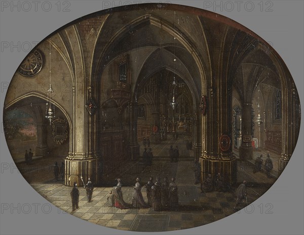 Intérieur d'église - Effet de nuit, c.1657. Church interior at night. Interior of a Gothic church.