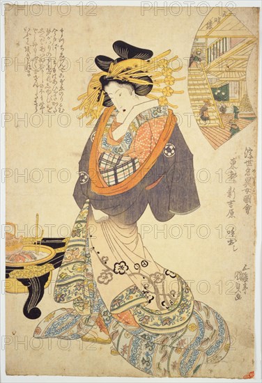 Toto Shin Yoshiwara yobidashi. (Toto Shin, a yobidashi of Yoshiwara), ca 1825. Private Collection.