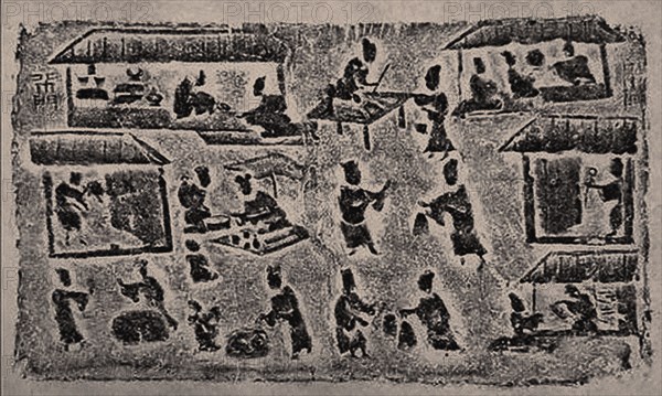 The rubbing from the Brick Relief with many kinds of merchants, 25-220. Creator: Central Asian Art.