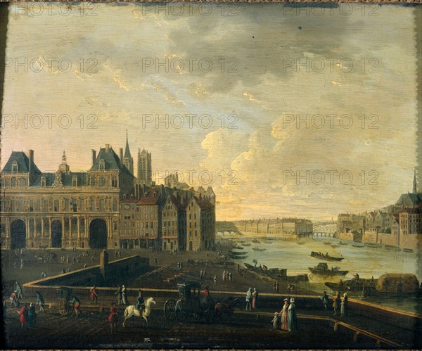 Place de Grêve, the Hotel de Ville, Île Saint-Louis and the Cité, around 1780..., c1775-1785. Creator: Unknown.