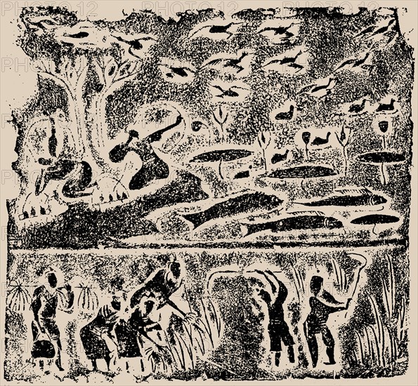 The rubbing from the Brick Relief with Harvesting, Fishing and Hunting Scene, 25-220. Creator: Central Asian Art.