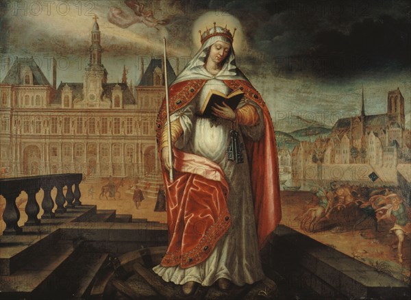 Saint Geneviève, patron of Paris, in front of the Hôtel de Ville; on the right..., around 1620.  Creator: Unknown.