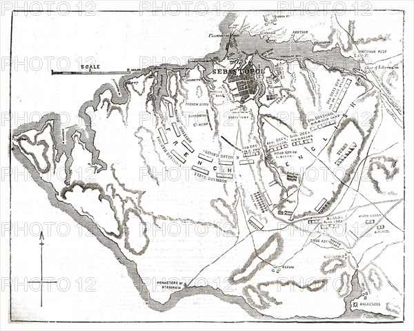 'Chart showing the relative positions of the batteries and Allied Forces around Sebastopol', 1854. Creator: Unknown.