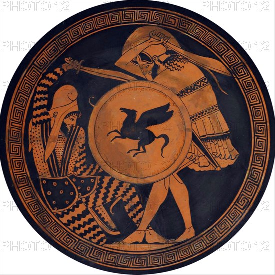 Greek hoplite fighting a Persian (Terracotta red-figure kylix) , ca 470 BC. Creator: Ancient pottery, Attican Art  .