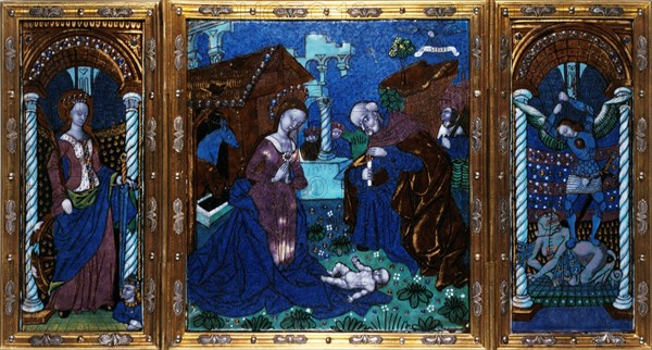 The Nativity with St Catherine and St Michael, c.1500. Creator: Workshop of the Master of the Triptych of Louis XII.