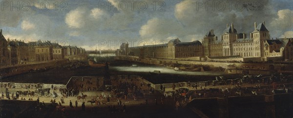 Pont-Neuf, seen from the entrance to Place Dauphine, Quai Malaquais with the Collège...around 1665, Creator: Unknown.