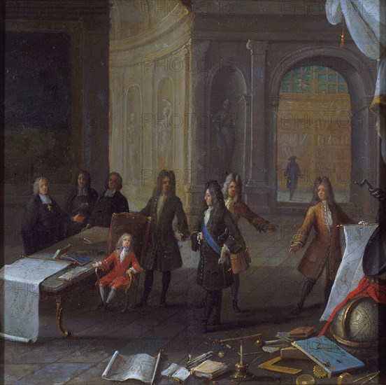 Louis XV as a child receiving a lesson, in the presence of Cardinal de Fleury and the..., c1715-1725 Creator: Unknown.