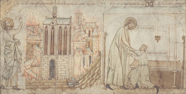 Saint Éloi saves Saint-Martial church on the Île de la Cité from a fire. Saint Eloi cures..., c1250. Creator: Unknown.