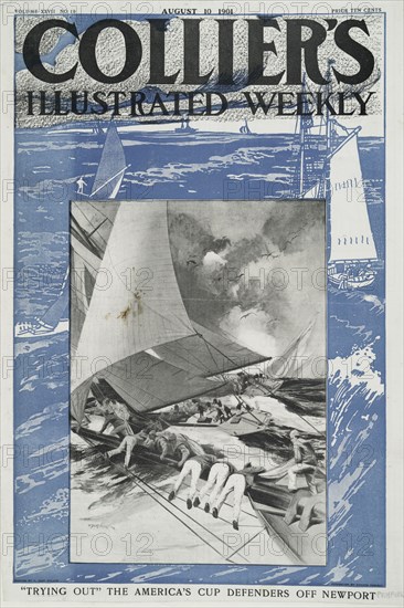 Collier's Illustrated Weekly, "Trying Out" The America's Cup Defenders Off Newport..., c1901. Creator: Edward Penfield.