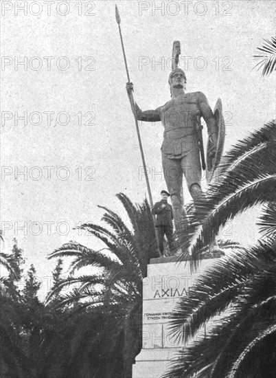 'L'Achilleion, transforme en ambulance, est confie a la garde de nos alpins; le geant..., c1916. Creator: Robert Vaucher.