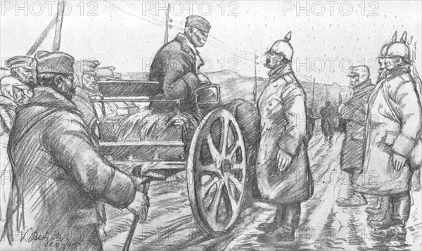 'Le roi Pierre, quittant la Vieille-Serbie, interroge des prisonniers allemands qu'il..., 1916. Creator: Vladimir Betzitch.