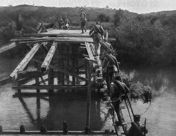 'Avec l'armee Serbe sur le Front Nord; Un pont sur la Koloubara qui fut pris et repris..., 1916. Creator: Vladimir Betzitch.