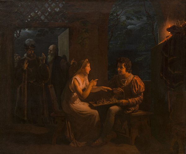 Miranda fait une partie d'échec avec Ferdinand qu'elle accuse, en plaisantant, de tricher, 1822. Creator: Gillot Saint-Evre.