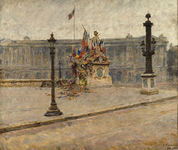 La statue de Strasbourg, place de la Concorde, couverte de drapeaux et de couronnes en novembre 1918 Creator: Francois Thevenot.