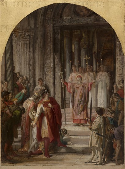 Esquisse pour l'église Saint-Ambroise: Saint Ambroise interdit l'entrée du lieu saint à..., c.1873. Creator: Jules Eugene Lenepveu.