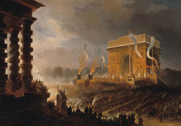 Fête de la Fraternité à l'arc de triomphe de l'Étoile : défilé après la distribution...20 avril 1848 Creator: Jean Jacques Champin.