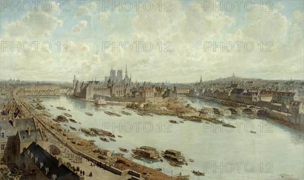 Panoramic view of Paris in 1588, from the rooftops of the Louvre, with Pont-Neuf under..., 1890. Creator: Theodor Josef Hubert Hoffbauer.