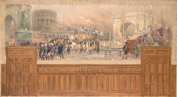 Réception par la municipalité de Paris, à la barrière de la Villette, des troupes..., c.1901-1902. Creator: Jean Baptiste Edouard Detaille.