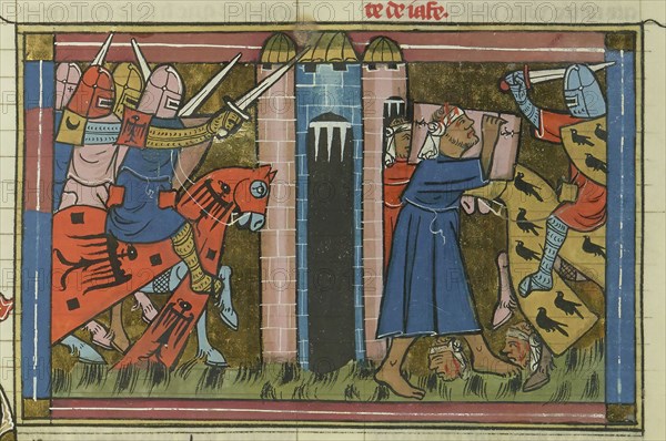 The siege of Ascalon in 1153 (From "Li rommans de Godefroy de Buillon et de Salehadin"), 1337. Creator: Maître de Fauvel (active 1314-1340).