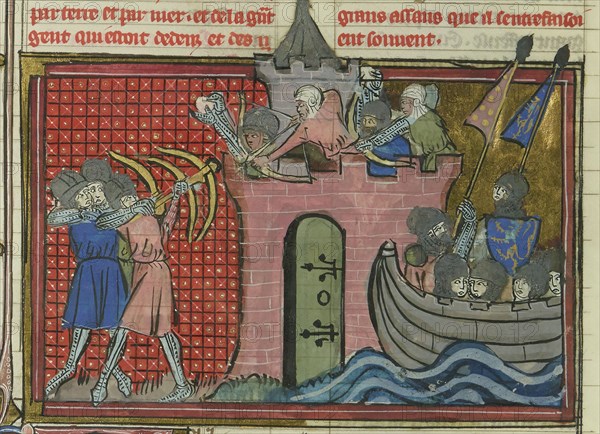 The siege of Ascalon in 1153 (From "Li rommans de Godefroy de Buillon et de Salehadin"), 1337. Creator: Maître de Fauvel (active 1314-1340).