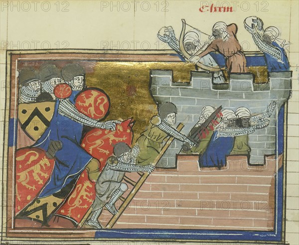 The siege of Shaizar in 1157 (From "Li rommans de Godefroy de Buillon et de Salehadin"), 1337. Creator: Maître de Fauvel (active 1314-1340).