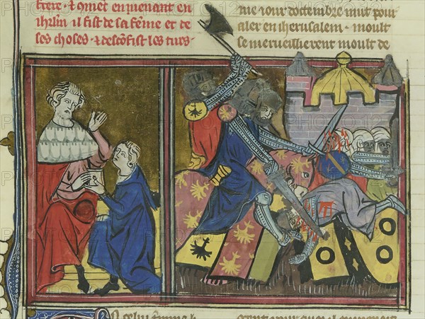 The Battle of Nahr al-Kalb in 1100 (From "Li rommans de Godefroy de Buillon et de Salehadin"), 1337. Creator: Maître de Fauvel (active 1314-1340).