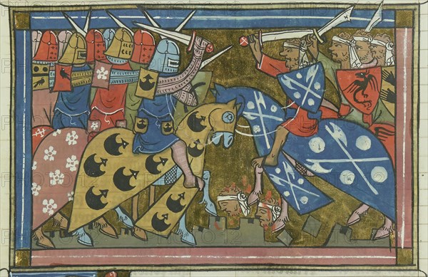 The siege of Damascus in July 1148 (From "Li rommans de Godefroy de Buillon et de Salehadin"), 1337. Creator: Maître de Fauvel (active 1314-1340).