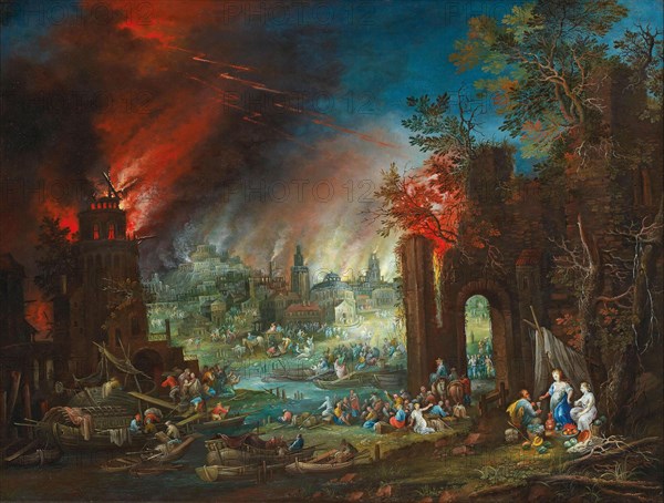 Lot and his Daughters, with the burning town of Sodom in the background, End of 17th-Early 18th cen. Creator: Hartmann, Johann Jacob (ca 1658-ca 1736).