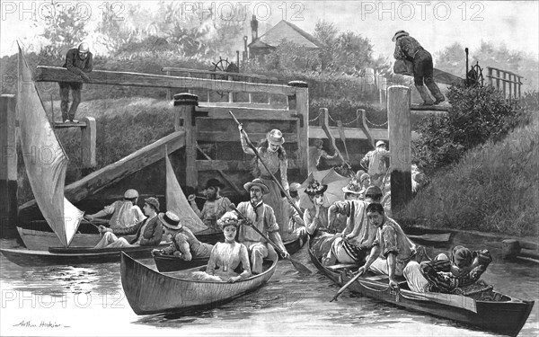 ''On the way to Henley - A scene at Cookham Lock', 1890. Creators: Unknown, Arthur Hopkins.
