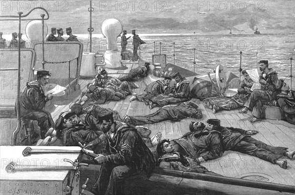 ''The Naval Manoeuvers - Life of a Blue Jacket on board HMS "Conqueror"; Jack's Siesta', 1890. Creator: Charles Joseph Staniland.