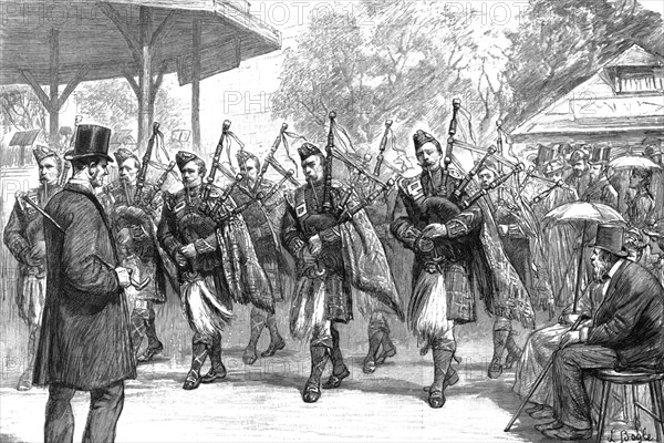 'The Military Exhibition - The Pipers of the Argyll and Sutherland Highlanders Parading, 1890 Creator: Unknown.