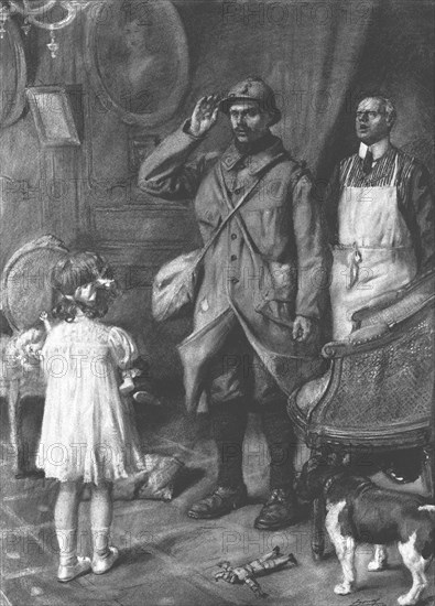 ''Le valet de chambre, annoncant : "le filleul de mademoiselle ! " ', 1915. Creator: Lucien Jonas.
