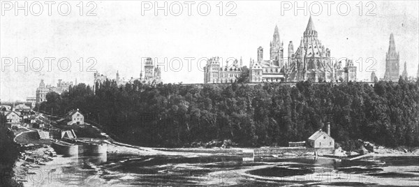 ''Le Palais du Parlement Canadien a Ottawa.- Vue d'ensemble des batiments dominant la riviere.',1916 Creator: Unknown.