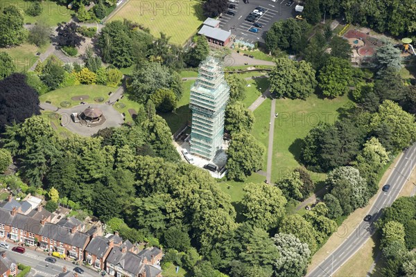 The Carillion Tower undergoing conservation work in Queen's Park, Loughborough, Leicestershire 2018.