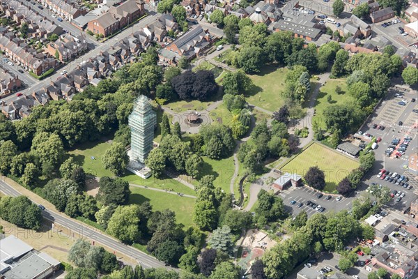 Queen's Park and The Carillion Tower undergoing consevation work, Loughborough, Leicestershire, 2018.