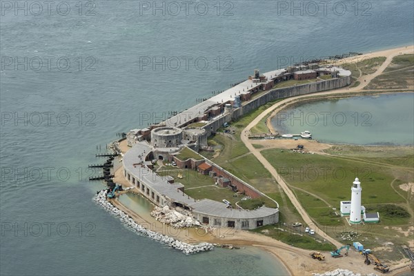 Remedial works at a storm damaged Hurst Castle, Hampshire, 2021.