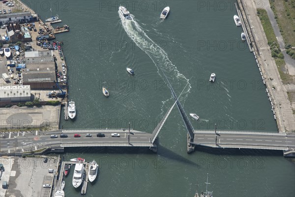 The Twin Sails Bridge, Poole, with its spans lifted, Bournemouth, Christchurch and Poole, 2021.