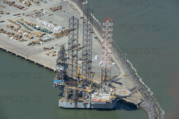 A jackup rig in Great Yarmouth Outer Harbour, Norfolk, 2021.