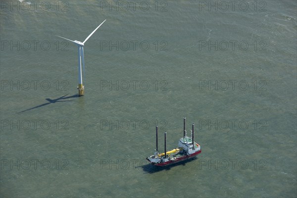 Wind turbine installation vessel at Scroby Sands Wind Farm, Norfolk, 2021.