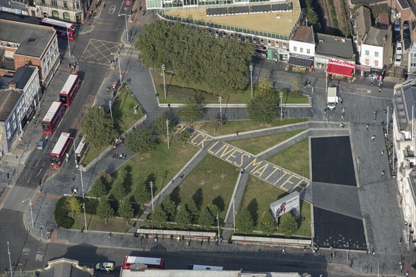 Black Lives Matter slogan written on path in General Gordon Place, Woolwich, Greater London Authority, 2021 .