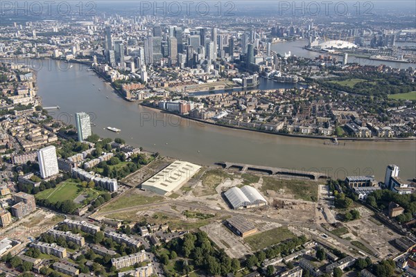 View from Deptford towards Millwall, Canary Wharf and the Millennium Dome, London, 2021. Creator: Damian Grady.