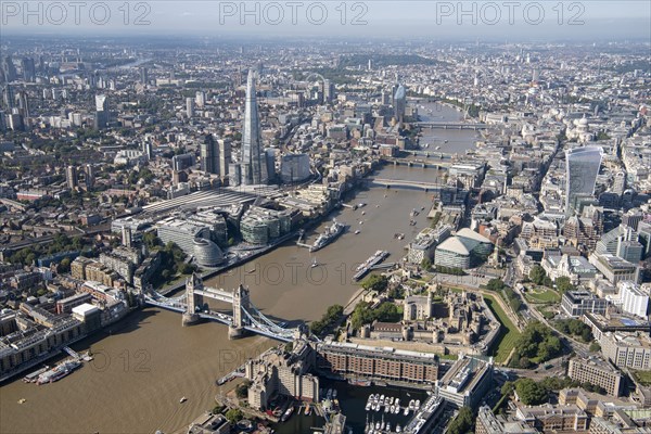 Looking west along the River Thames from Tower Bridge, Southwark, London, 2021. Creator: Damian Grady.