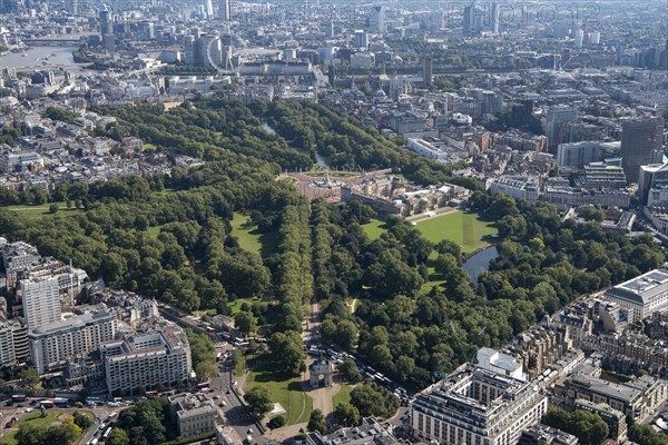 Looking east from Wellington Arch along Constitution Hill to the London Eye and Thames, London, 2021 Creator: Damian Grady.