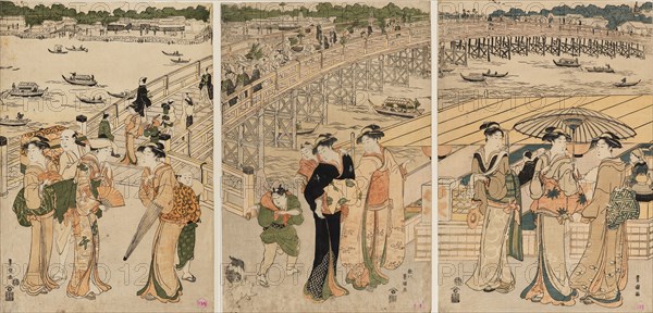 Ryogoku Bridge with figures in the foreground, 18th century.